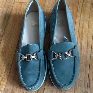 Franco Sarto Blue Loafers with Silver Chain Detail